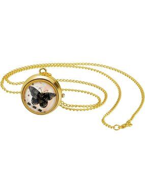 Women's Gold Analog Quartz Butterfly Vintage Pendant Necklace Chain Pocket Watch